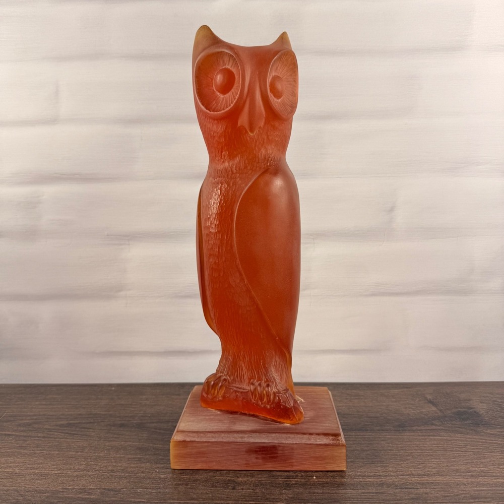 Sascha Brastoff Amber Lucite Owl Sculpture Mid Century Modern Signed